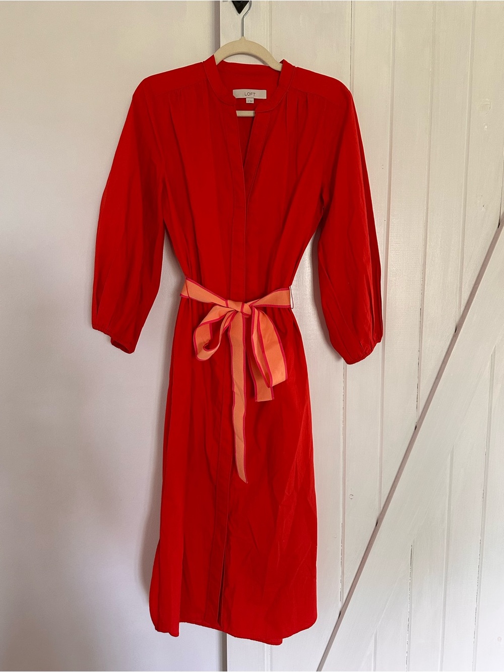 LOFT Red Midi Dress with Striped Tie